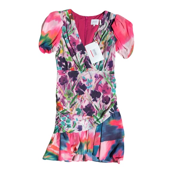 NWT One 33 Social Ruched Floral-Print Flounce Mini Dress, Size 12 - Picture 2 of 5